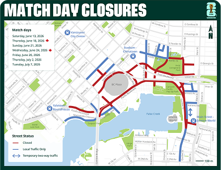 Match day road closures map for FIFA World Cup 2026 in downtown Vancouver near BC Place