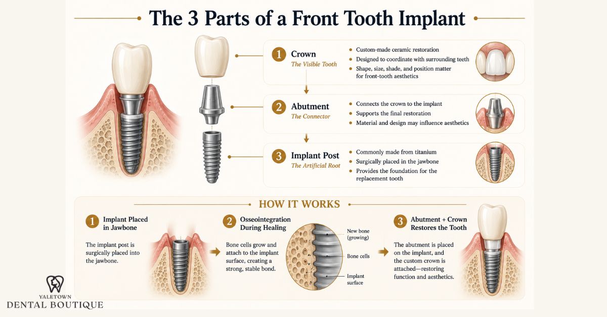 Diagram showing the three parts of a front tooth implant, including the crown, abutment, and implant post, with a step-by-step illustration of implant placement, osseointegration, and final restoration.