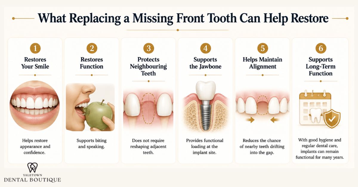 Infographic showing six benefits of replacing a missing front tooth with a dental implant, including restoring appearance and function, protecting neighbouring teeth, supporting jawbone loading, maintaining alignment, and supporting long-term function.