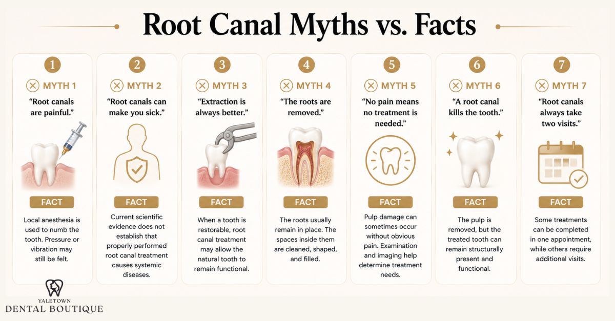 Infographic comparing seven common root canal myths with facts about pain, health risks, tooth extraction, tooth roots, symptoms, tooth function, and treatment visits.