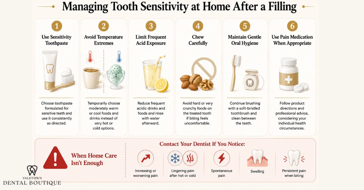 Infographic showing six ways to manage tooth sensitivity at home after a filling, including sensitivity toothpaste, avoiding temperature extremes and acidic foods, careful chewing, gentle oral hygiene, and appropriate pain medication, plus warning signs that warrant dental assessment.