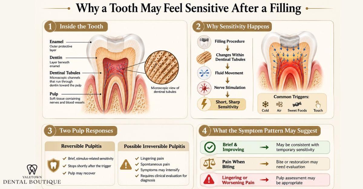Infographic showing why a tooth may feel sensitive after a filling, including tooth anatomy, dentinal tubule fluid movement, pulp responses, common sensitivity triggers, and symptom patterns that may require dental evaluation.