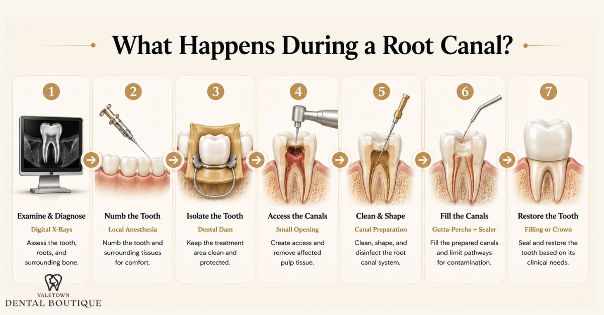  Infographic showing the seven steps of a root canal, from digital X-rays and local anesthesia through canal cleaning, filling, and final tooth restoration.