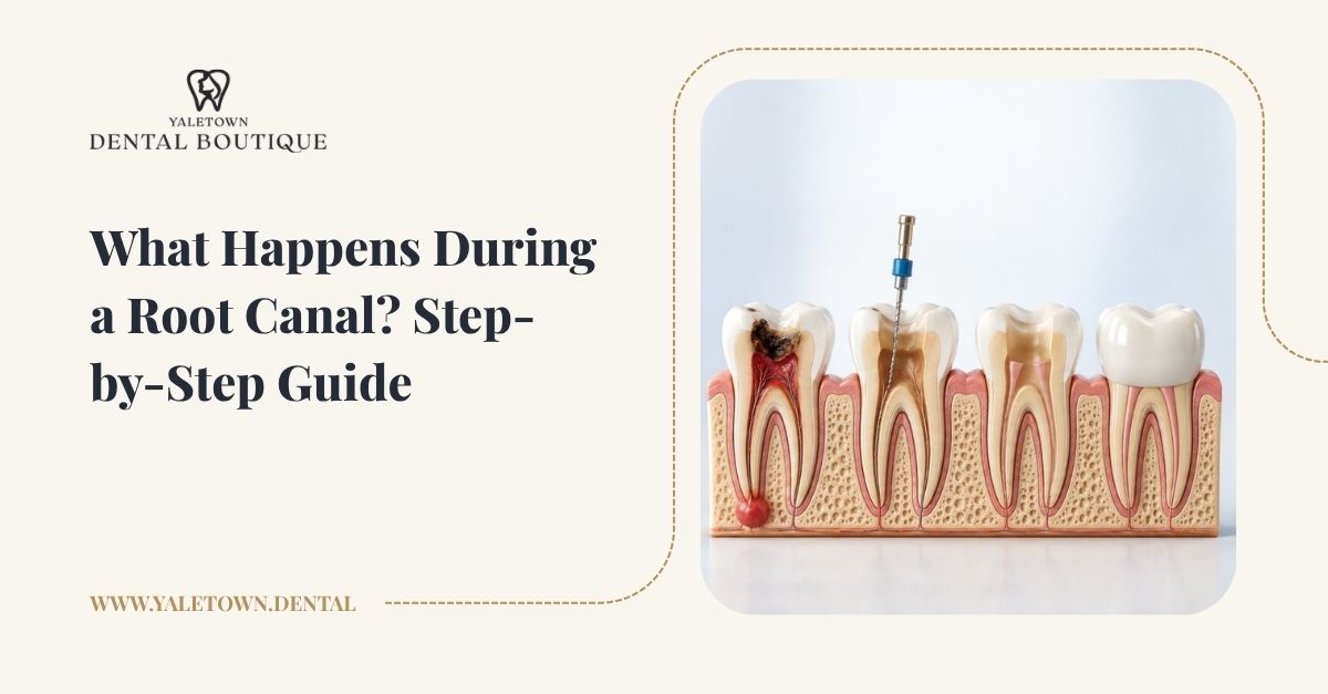 Illustration showing the step-by-step root canal procedure, from removing infected pulp and cleaning the tooth to filling and sealing the root canals.