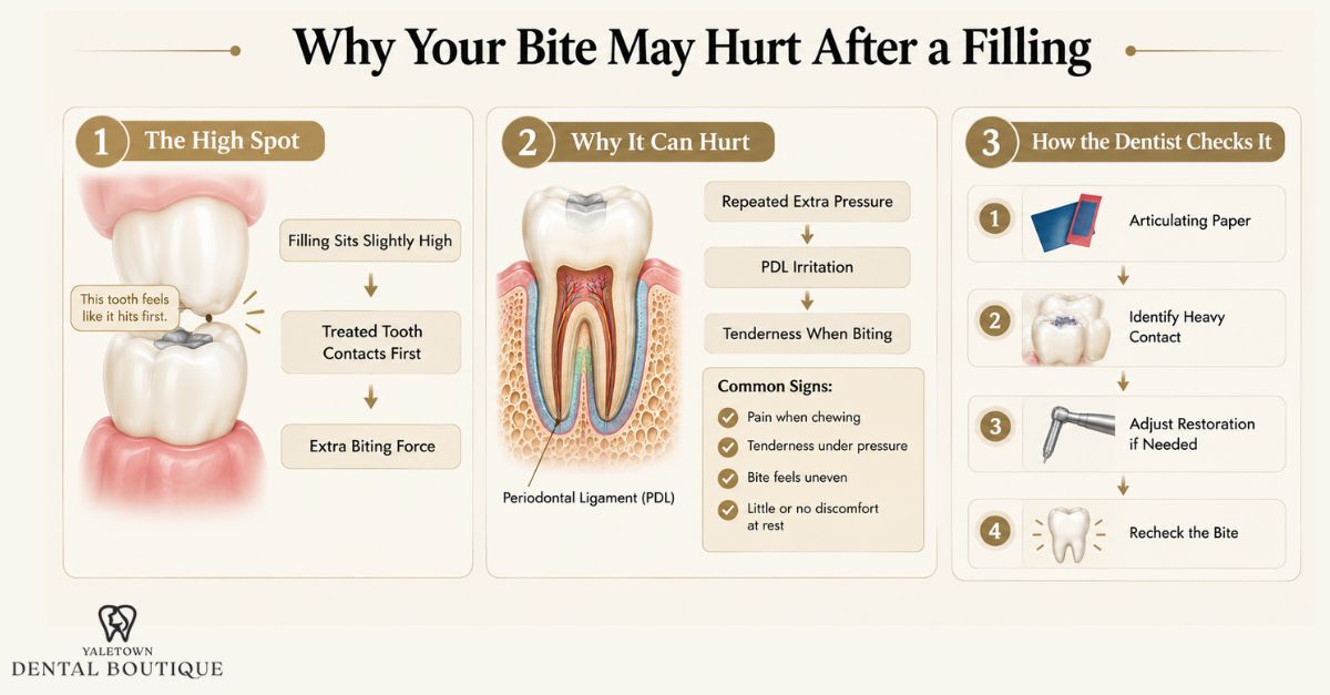 Infographic showing how a high filling can cause extra biting pressure and tooth tenderness, with periodontal ligament irritation and the steps a dentist uses to check and adjust the bite.