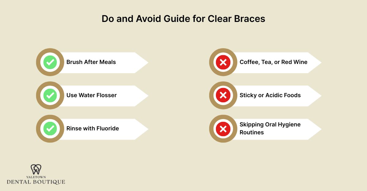 Do and avoid guide for clear braces showing proper brushing, flossing, and fluoride care.