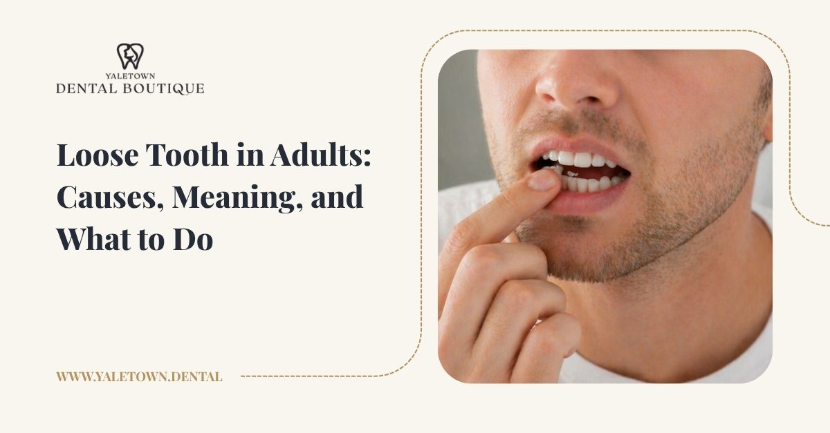 Loose tooth in adults shown by a man gently touching a mobile tooth with concern