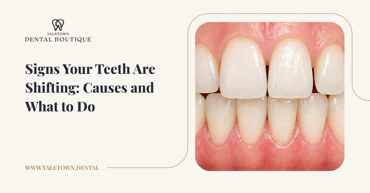 Tooth shifting shown by subtle misalignment between upper and lower front teeth