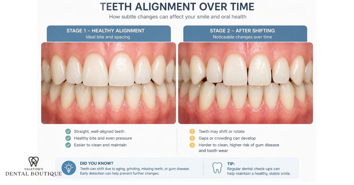 Signs teeth are shifting shown by comparison of healthy alignment and noticeable changes over time