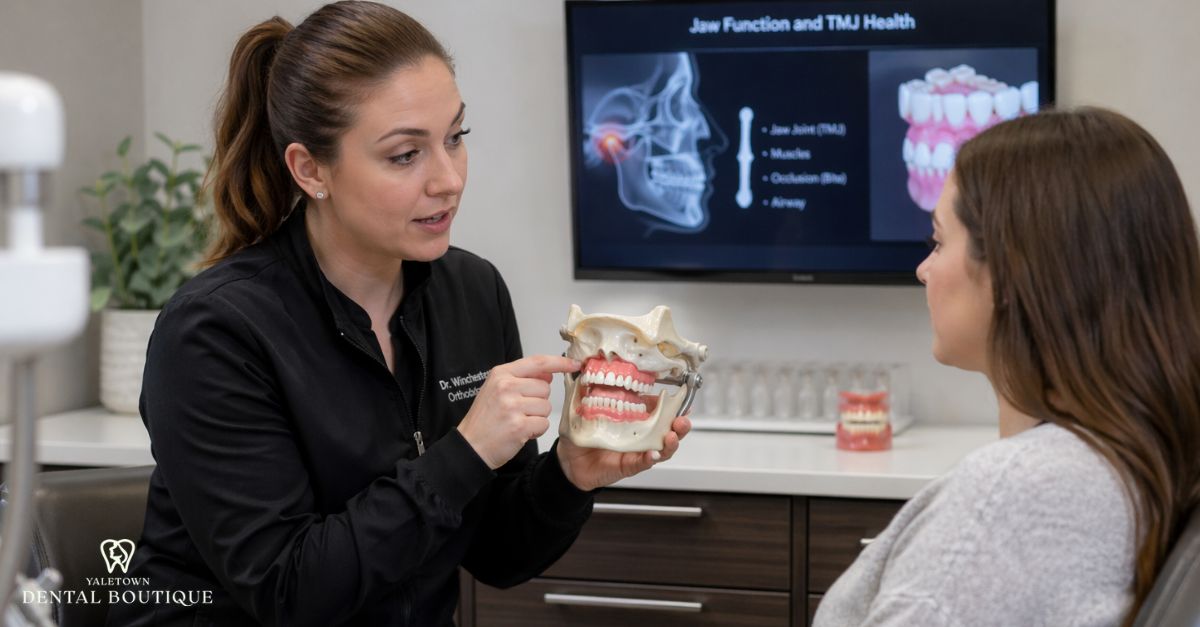 TMJ monitoring for jaw clicking during a dental consultation, with a clinician explaining joint function using a model
