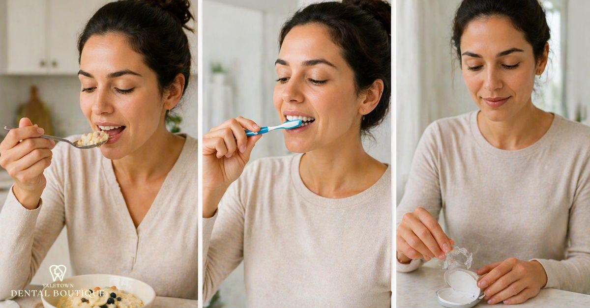 Tooth shifting care routine illustrated by proper brushing and wearing a clear retainer