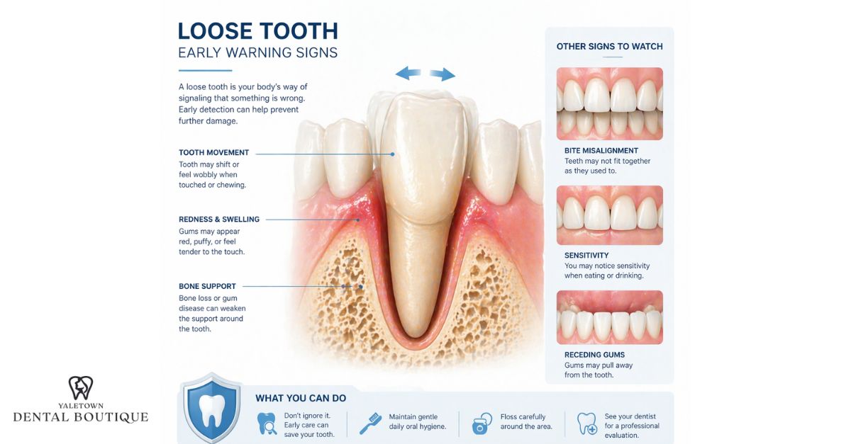 What tooth looseness really means illustrated by a dental diagram showing reduced bone support and inflamed gums