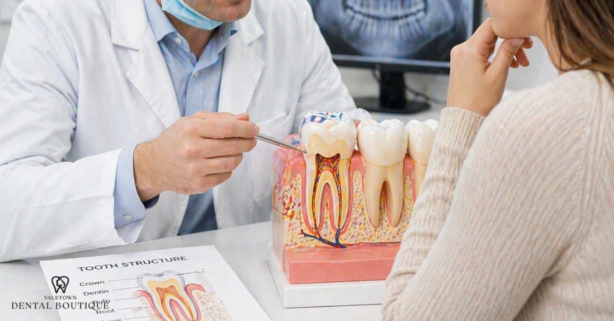 Close-up of a dentist showing why crowned teeth can hurt, highlighting internal tooth structure