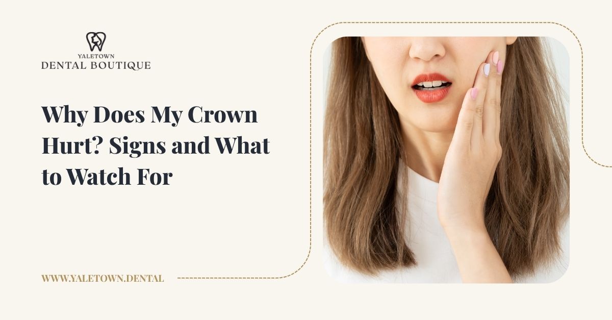 Pain under a dental crown shown by a woman holding her cheek with discomfort