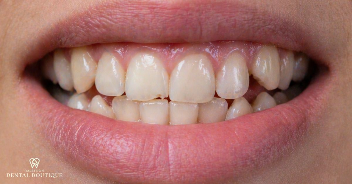Tooth shifting shown by visible crowding and misalignment in the front teeth