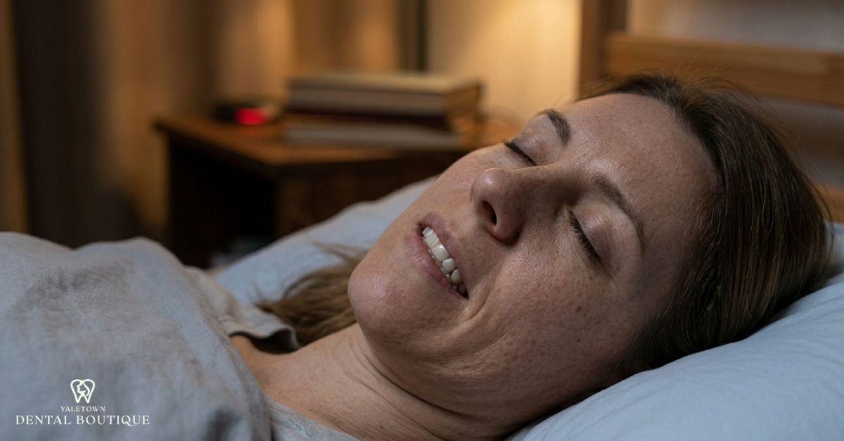 Woman clenching teeth during sleep, showing signs of nighttime grinding