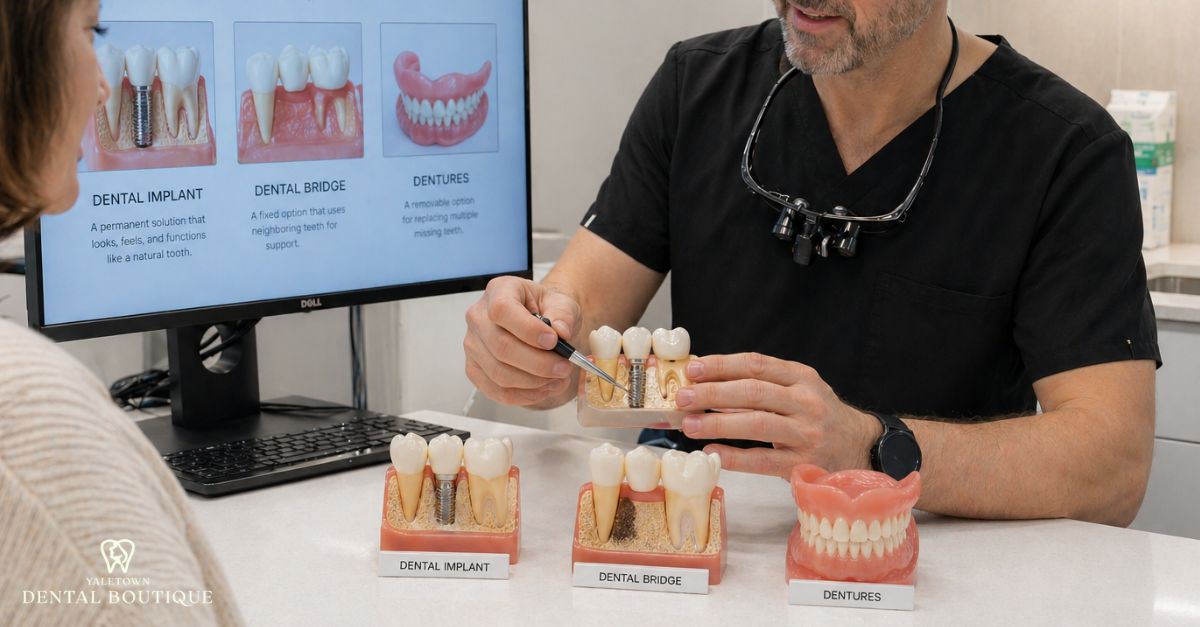 Denture alternatives for replacing missing teeth explained by dentist