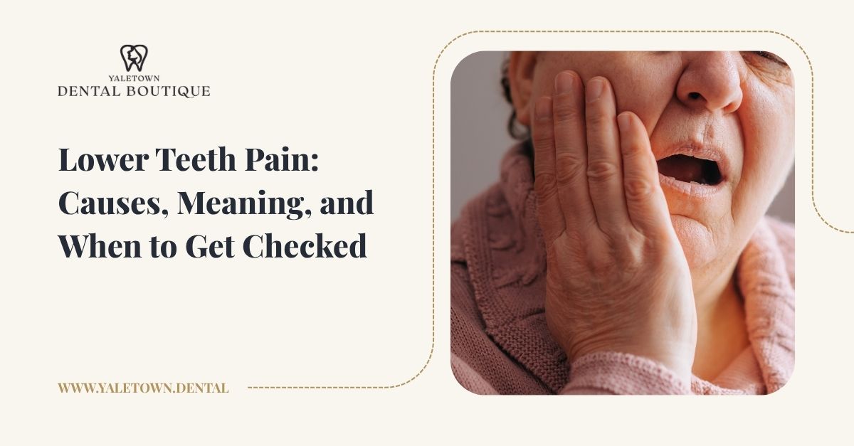 Older adult holding lower jaw in discomfort, showing signs of lower teeth pain