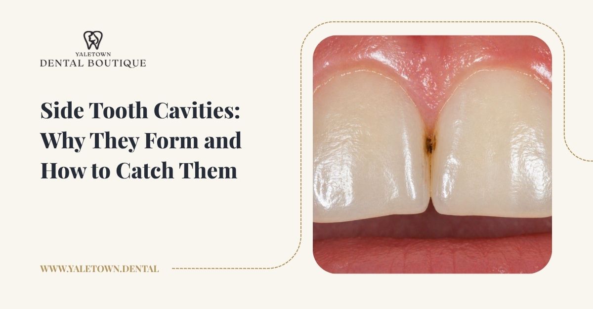 Side tooth cavity forming between teeth where cleaning is more difficult